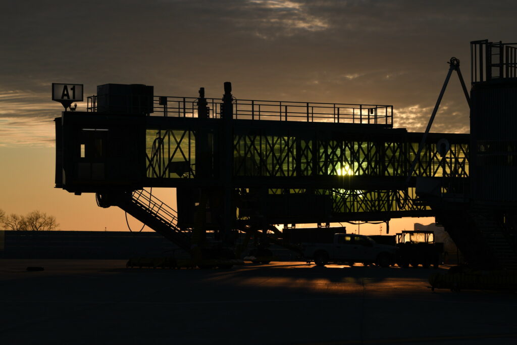 An all-glass passenger boarding bridge at the new MCI Airport.
